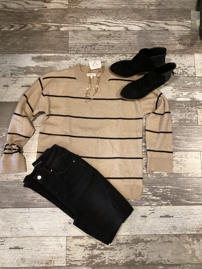 La Miel Khaki & Black Striped Sweater